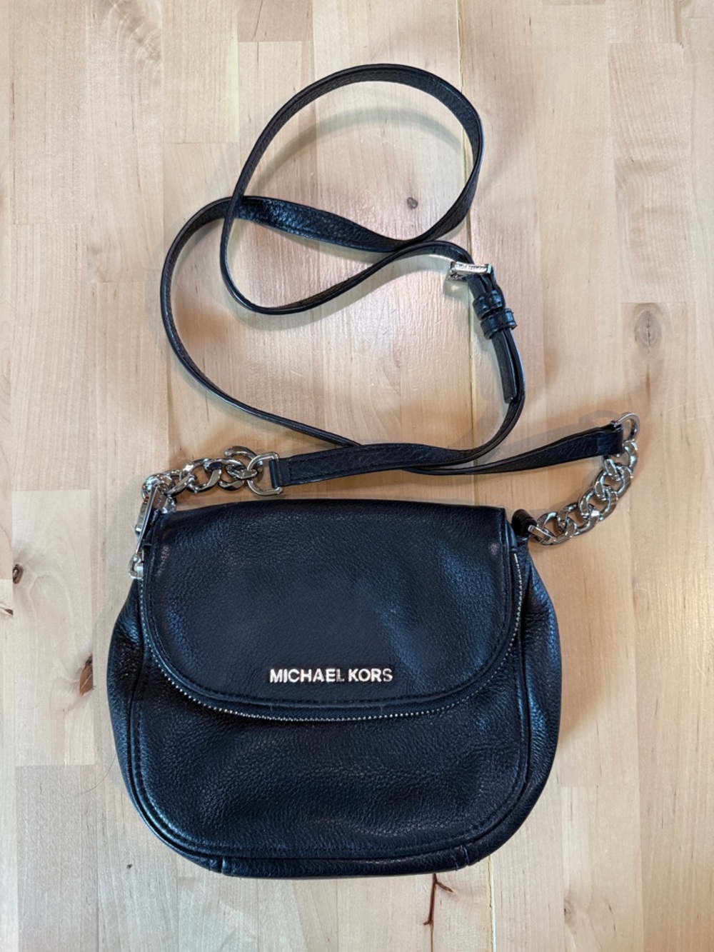 Michael Kors Black Leather Pebbled Crossbody with Gold Logo